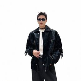 noymei Structural Fi Punk Style Multi Pocket Motorcycle PU Leather Coat men solid color 2024 autumn jacket chic WA3000 72eK#