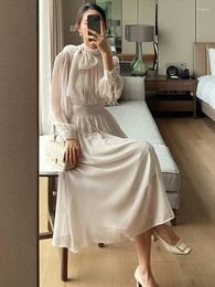 Casual Dresses Elegant Korean Chic Solid Color Long Women Lace Up Puff Sleeve Lady Spring Office