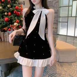 Casual Dresses Matakawa Beading Bows Women Patchwork Ruffles Halter Korean Fashion Vintage Vestidos Mujer Spring Summer Mini Dress