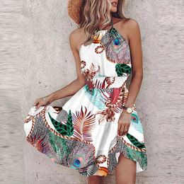 Casual Dresses Summer Fashion Printed Ruffled A-Line Beach Dress Women Sexy Halter Off Shoulder Mini Spring Sleeveless Hollow Party