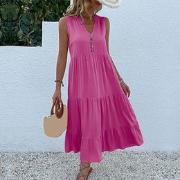 Casual Dresses Mid-length Dress Elegant V Neck Midi With Button Decor A-line Hem For Women Soft Flowy Vacation Beach Pure Color