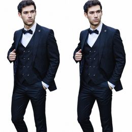 black Men's Suits Tailor-Made 3 Pieces Blazer Vest Pants Single Breasted Peaked Lapel Pinstripes Busin Wedding Groom Tailored y5x9#