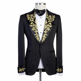 black Appliqued Men's Suit One Butt Male Blazer Sets Slim Fit Tuxedos Jacket And Pants Peaked Lapel Wedding Groom Wear E6cP#