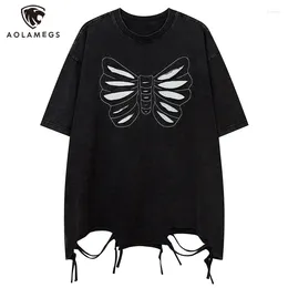 Men's T Shirts Men Butterfly Patchwork Ripped Shirt Harajuku High Street Oversized Tees Hip Hop Streetwear Tops Black Red Unisex