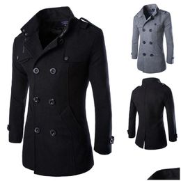 Men'S Trench Coats Men Winter Wool Coat Mens High Quality Solid Color Simple Blends Woolen Pea Male Casual Overcoat Drop Delivery Appa Dhadg