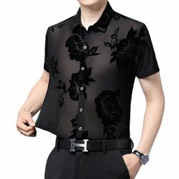 transparent Shirt for Man 2023 Summer Sexy See Through Clothing Tops Mens Short Sleeve Floral Silk Dr Shirts G1PA#