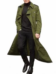 new Men's Trench Coats Double Breasted with Belted Lg Coats Jacket Vintage Casual Windbreaker Spring Autumn Solid Outwear Male R56L#