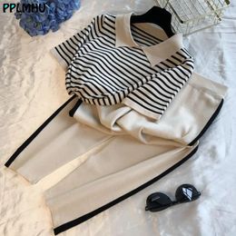 Fashion Stripe Patchwork Knitted Two Peice Set Women TurnDown Collar Short Sleeve TshirtAnkleLength Pants Casual Tracksuits 240327