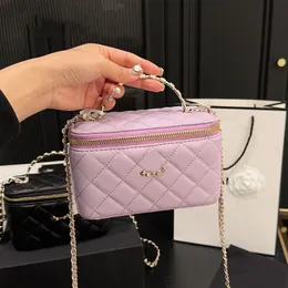 Diamonds Handle Women Designer Vanity Box Makeup Bag Rhinestone Hardware Calfskin Leather Matelasse Chain Cosmetic Case Purse Shoulder Cross Handbag 17x11cm