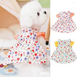 Dog Apparel Cute Flower Print Pet Dress Flutter Sleeve With Leash Ring Anti-shedding Breathable Soft Cat Summer Princesses For