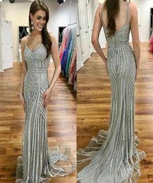 Silver Sequin Mermaid Prom Dresses 2019 Backless Spaghetti Straps Sweep Train Sexy Evening Party Gowns Customise Plus Size6824610