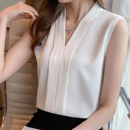 Women's Blouses Office Lady 2024 Summer Sleeveless Vest Sexy Chiffon Shirt Women Tank Tops Solid V-neck Tanks Clothing Blusa Mujer 24840