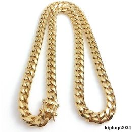 10mm 12mm 14mm Miami Cuban Link Chains Mens 14K Gold Plated Chains High Polished Punk Curb Stainless Steel Hip Hop Jewelry292W