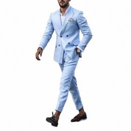 sky Blue Male Suit Double Breasted Two Piece Set Costume Homme Wedding Men Groom Tuxedo terno Formal Slim Fit Blazers Pants a0F9#