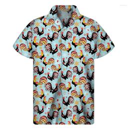 Men's Casual Shirts Cartoon Rooster Graphic Shirt Men 3D Print Animal Hawaiian Summer Button Short Sleeve Tops Street Lapel Aloha Blouse