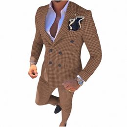 brown Plaid Men's Suits 2 Pieces Notch Lapel Double Breasted Busin Regular Fit Blazer Prom Tuxedos For Wedding Jacket+Pants t8YL#