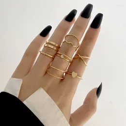 Cluster Rings Fashion Metal Circle Set Gold Color Love Heart For Women Girls Vintage Kpop Punk Couple Lovers Jewelry Gifts