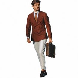 2023 New Men Suits Orange Peak Lapel Busin Casual Formal Costume Homme Double Breasted Slim Fit 2 Pcs Set Jacket Pants u6oR#