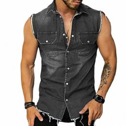 lapel Sleevel Vest Jacket Single-breasted Flap Pockets Tassel Men Summer Solid Color Denim Shirt Streetwear K2JI#