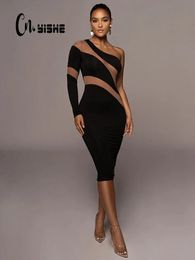 CNYISHE One Shoulder Mesh Sheer Midi Dress for Women Party Club Elegant Dresses Autumn Fashion Streetwear Sexy Slim Robes 240315