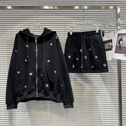 Work Dresses Rhinestone Casual Hoodies Skirt Sets Fashion Two Piece Set Women 2024 Spring