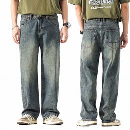 wide Leg Jeans Men Baggy Pants Summer Straight Cut Loose Retro Blue Denim Pants Streetwear Fi Pockets Vintage Man Clothes R7F4#