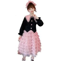 Baby Girls Outfits JacketTiered Skirt Black Pink Patchwork 2pcs Design Kids Clothes Set 514 Years Old Teen Girl Clothing Suits 240325