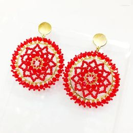 Dangle Earrings Beaded Roundness Weave A Dream Web Hollow Out Red Tide Simple Hand Knitting Bohemia Crystal Rice Bead