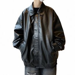 men PU Leather Jacket Spring New Fi Simple Casual Loose Vintage Zipper Amercian Coat Lapel Street Male Waterproof Overcoat d9cS#