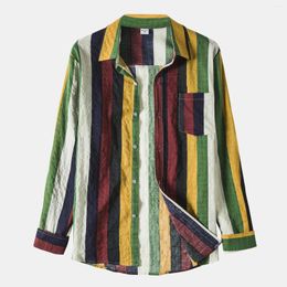 Men's Casual Shirts Stripe Splice Shirt Pocket Button Turn-Down Collar Top Long Sleeved Mens Blouses Tops Spring Fall Cardigan