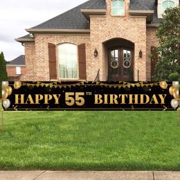 Accessories Happy 55th Birthday Decoration Banner Black Gold Balloons Pattern Birthday Banners Yard Sign Party Supplies for Indoor Outdoor