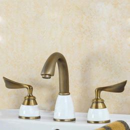 Bathroom Sink Faucets 3Pcs 1Set Basin Faucet Mixer Deck Mounted Tap Set Ceramic Copper Golden Finish