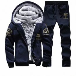 2023 New Winter Thick Men Sports Suit Tracksuit Hooded Sportswear Zipper Cardigan Hooded Woolen Trousers Pants Casual Men Set a1oF#