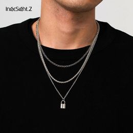 IngeSight Z Gothic Multi Layered Silver Colour Link Chain Choker Necklace Collar for Women Men Padlock Pendant Necklaces Jewelry185R