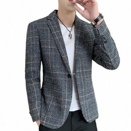 2023 Men's high-quality suit Korean versi slim handsome casual plaid trend Four Seass Smart Casual Polyester Blazers Y24Y#