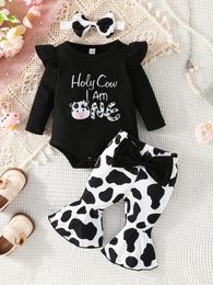 Clothing Sets Baby Girls Birthday Outfits Letter Cow Print Long Sleeve Black Rompers Flare Pants Headband 3Pcs Fall Clothes Princess Set