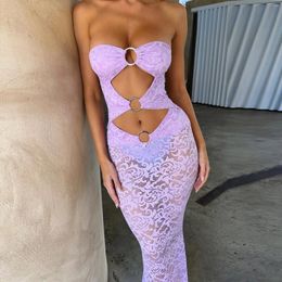 Casual Dresses Sexy Women Lace Tube Long Dress Strapless Backless Hollowed Sheer Bodycon Slim Party Club Summer Beachwear