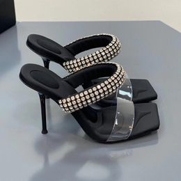 Crystal Strap Embellished PVC Sandals Slippers Mules Shoes Rhinestone Spool Heel Satin Cotton Soft Fabric Women Heels Designers 11367 s