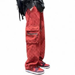 japanese Men's Chboard Checker Jeans Fi Street Hip Hop Loose Straight Wide Leg Pants Couple Outerwear Pants Red Black n9Wv#