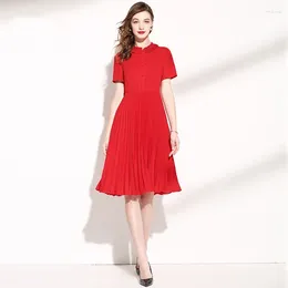 Party Dresses Red Dress Women Summer M-XXL 2024 Stand Collar Short Sleeved Solid Colour Slimming Elegant Pleated Chiffon Knee Length