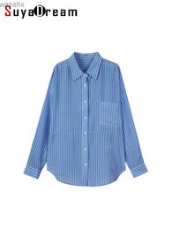 Women's Blouses Shirts SuyaDream womens striped shirt 100% silk crepe off shoulder blue top 2024 spring/summer office womens loose topL240328