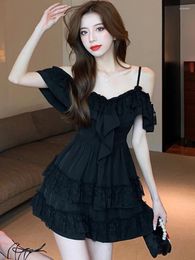 Casual Dresses 2024 Black Chic Lace Ruffled Sling Mini Dress Summer Elegant Luxury Sexy Club Women Kroean Vintage Hepburn Prom