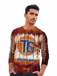 retro Nostalgia Lg Sleeve Tops Men's American Vintage Round Neck Autumn Racing Sign 3D Digital Printed Pattern print T-shirt Y5bC#