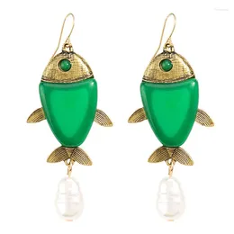 Dangle Earrings Cute Girl Animal Green Enamel Party Unique Jewelry Carp Shape Design Pearl Beads Women Drop Brincos Gift