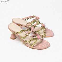 Sandals Original design womens wedding shoes retro floral vine slider circular open toe slim high heels fairy pink sandalsL2403