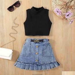 Clothing Sets Cross Border Foreign Trade Girl Sleeveless Top Denim Short Skirt Two Piece Set Childrens Infant And Young Baby Summer Dr Dhkpf