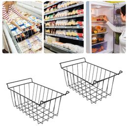 Kitchen Storage 2 Pcs Freezer Wire Basket PE Coated Hanging Rack Organizer Bin Black For Refrigerator Shelves