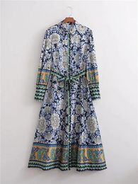 Woman Casual Blue Long Print Shirt Dresses Spring Female High Waisted Sashes Dress Ladies Sleeve Button 240325