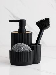 Bottles Kitchen Accessories Soap Pump Dispenser with Sponge Holder and Brush Holder 3 in 1 Liquid Hand Dish Soap Dispenser Black Wood