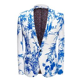 Mens party casual jacket printed with blue bamboo pattern design ultra-thin fitting mens clothing printing set mens wedding jacket 240327